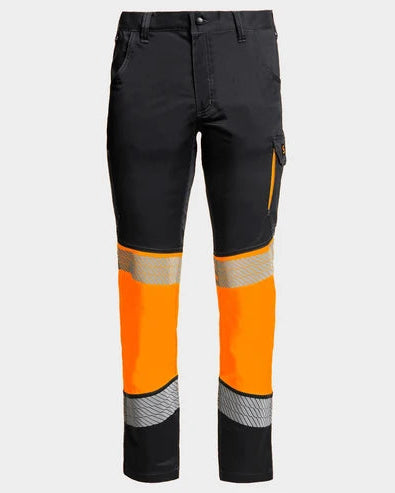Black and high-visibility orange work pants with reflective silver bands near the lower legs, shown on a light gray background.