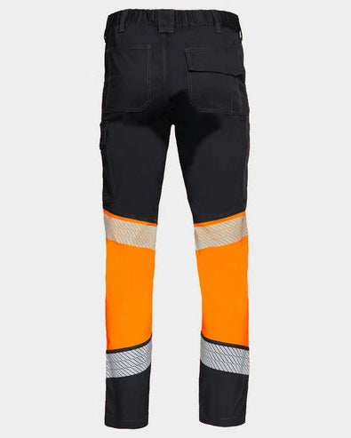 Black and orange work pants with reflective stripes on a light gray background