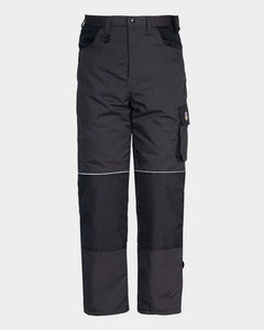 Black work pants with reinforced knee panels, cargo pockets, and white reflective piping details, shown against a light gray background.