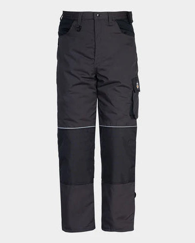 Black work pants with reinforced knee panels, cargo pockets, and white reflective piping details, shown against a light gray background.