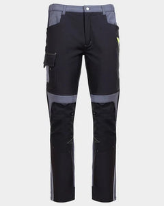 Black and gray work pants with cargo pockets and reinforced knee panels, shown against a light gray background.